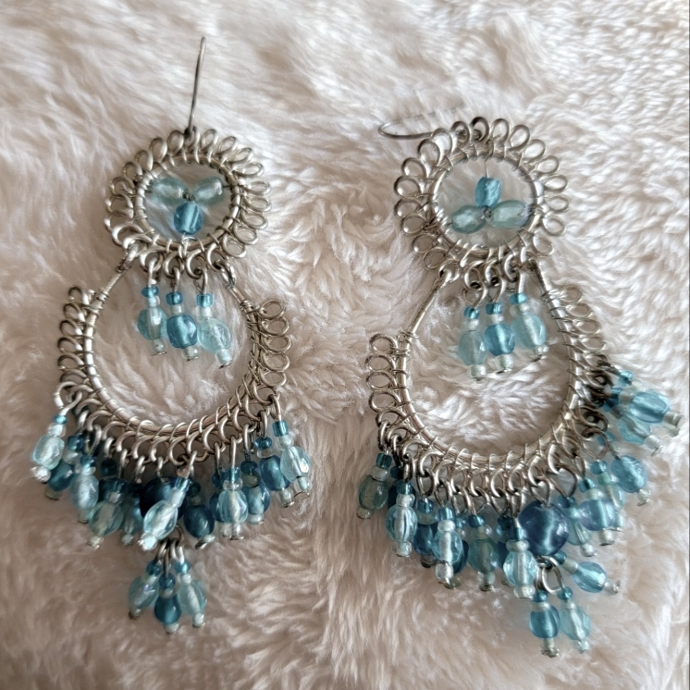 vintage silver blue bead earrings